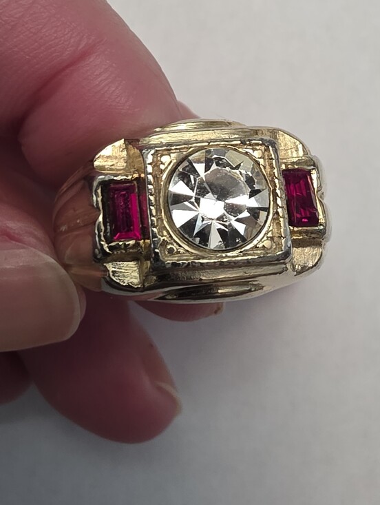 Other - Vintage Light Colored Gold Toned Men's Ring With Clear And Red Stones